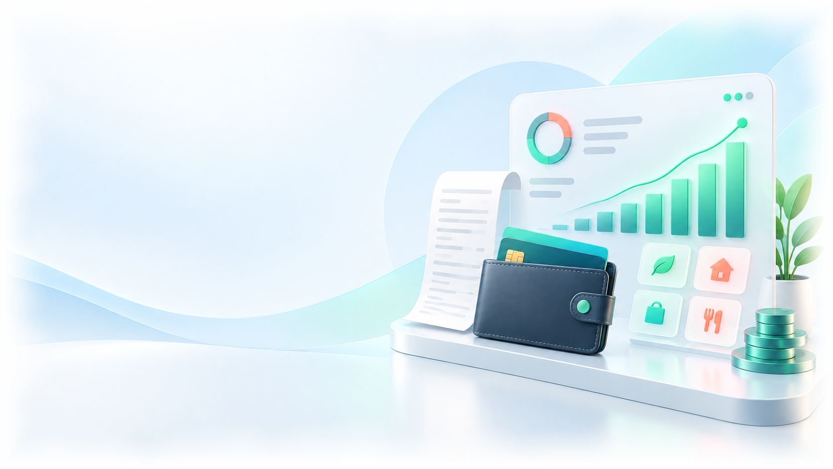 Illustration: Finanzverwaltung mit Diagrammen, Beleg und Geldbörse